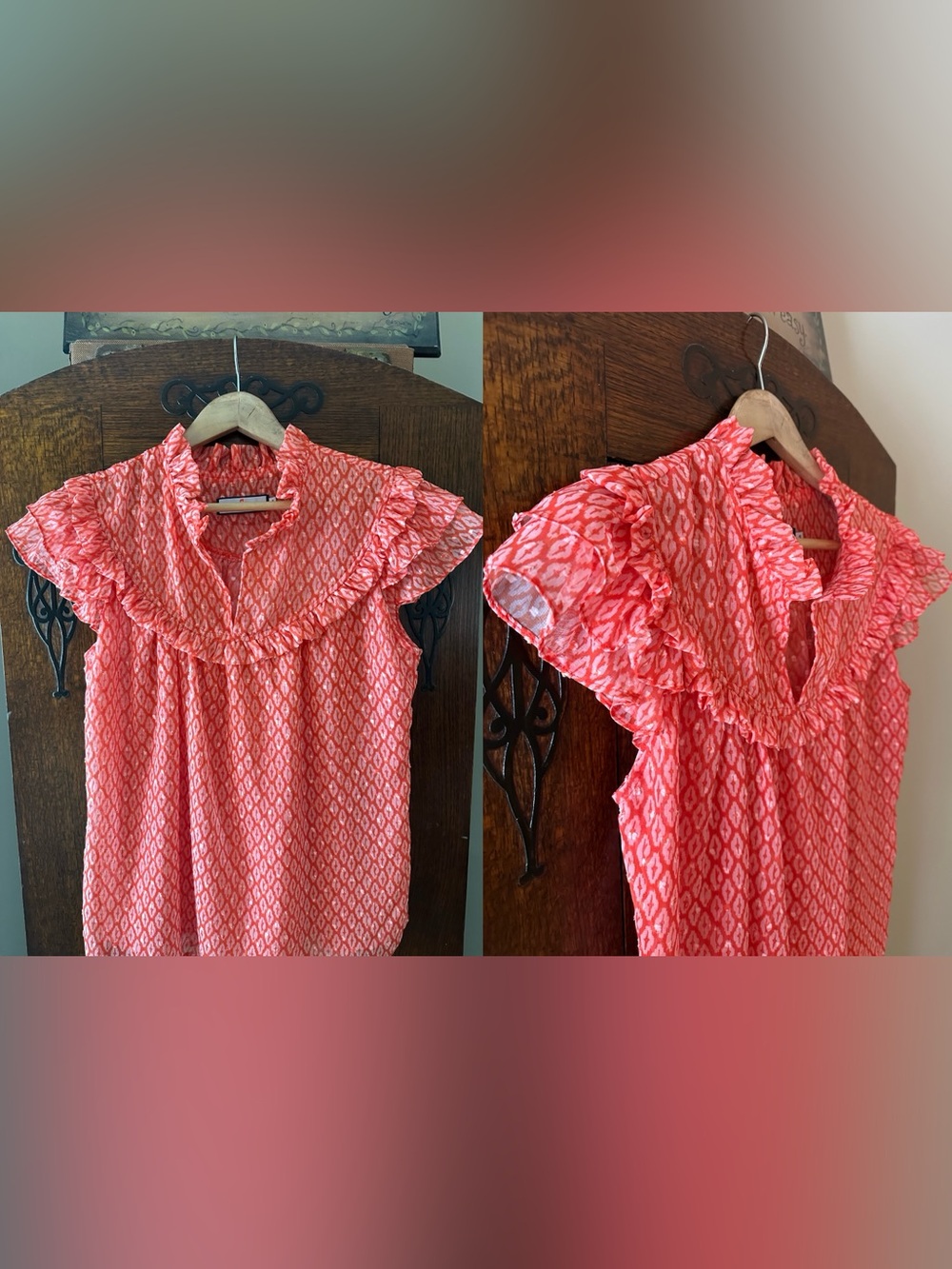 CK Bradley Women’s Coral and Orange Ruffle Trim Blouse Size Small Preppy Chic